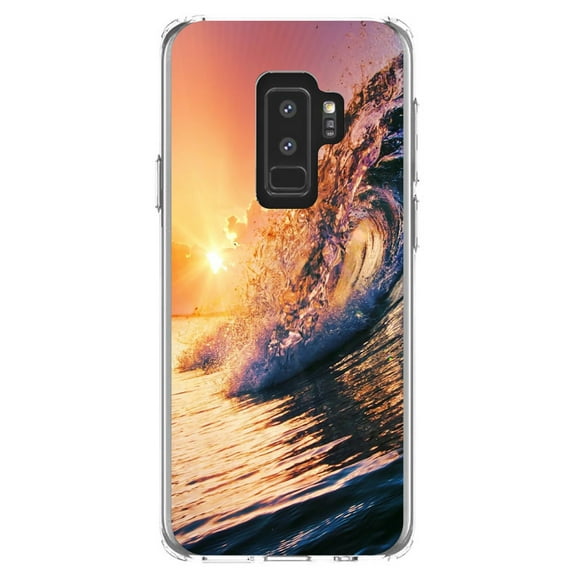 DistinctInk Clear Shockproof Hybrid Case for Samsung Galaxy S9+ PLUS (6.2" Screen) - TPU Bumper, Acrylic Back, Tempered Glass Screen Protector - Ocean Wave Sunset