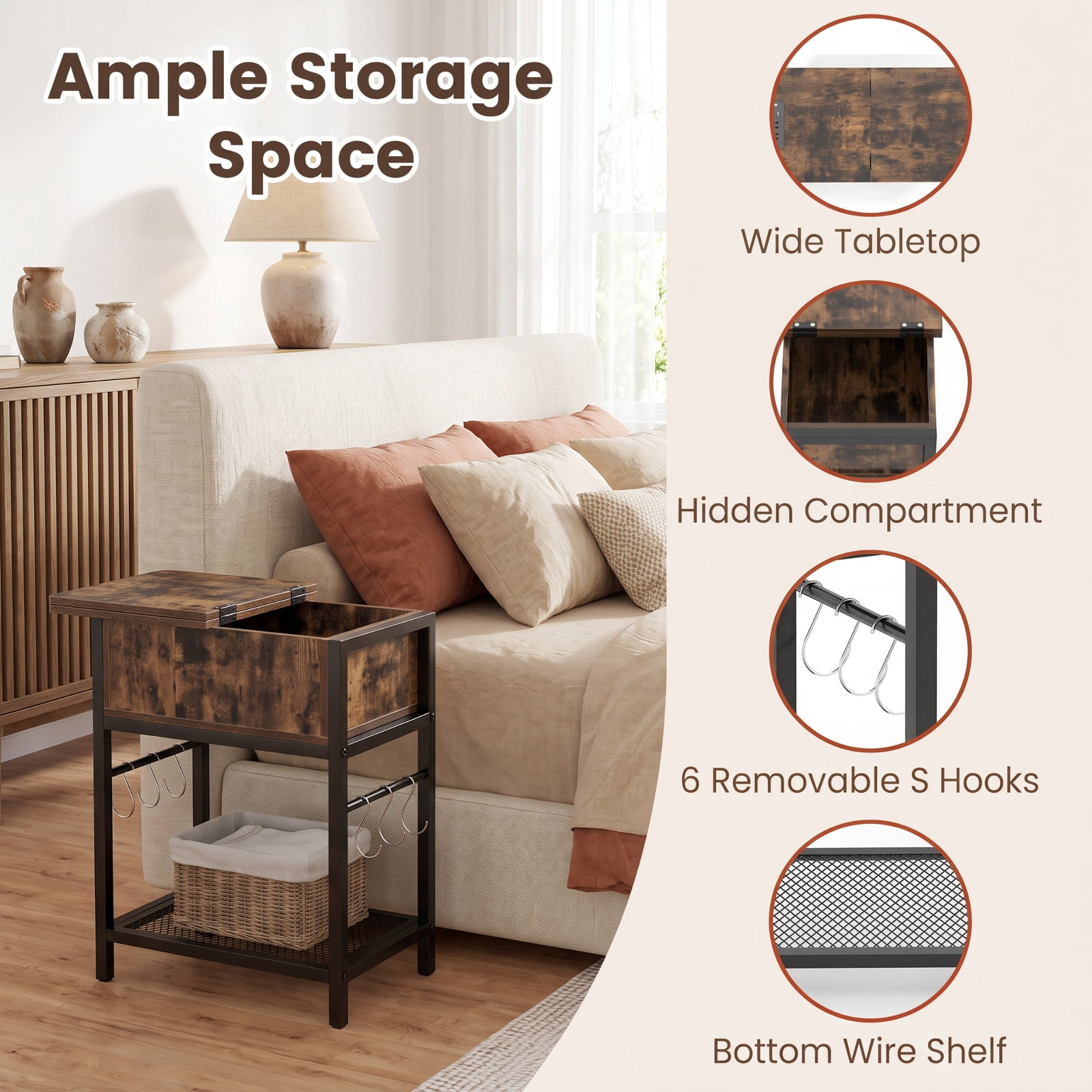 Furnibear End Table with Charging Station USB Ports Outlets and Flip Top Hidden Compartment for Living Room Bedroom and Sofa Side, Coffee