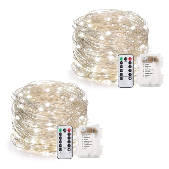 Rirool 2-Pack 33ft Cool White LED Fairy String Lights, Battery Operated Copper Wire Fairy Lights with Remote, 8 Modes, Timer, IP65 Waterproof Decor for Bedroom, Wedding, Patio, Garden