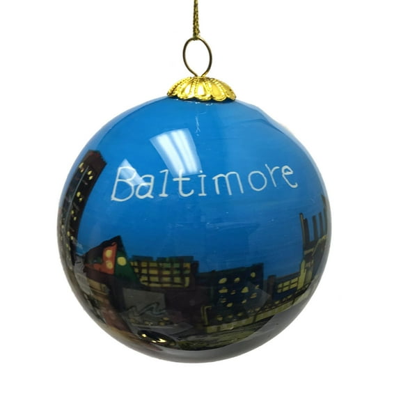 Baltimore Maryland City Skyline Reverse Painted Glass Ball Christmas Ornament