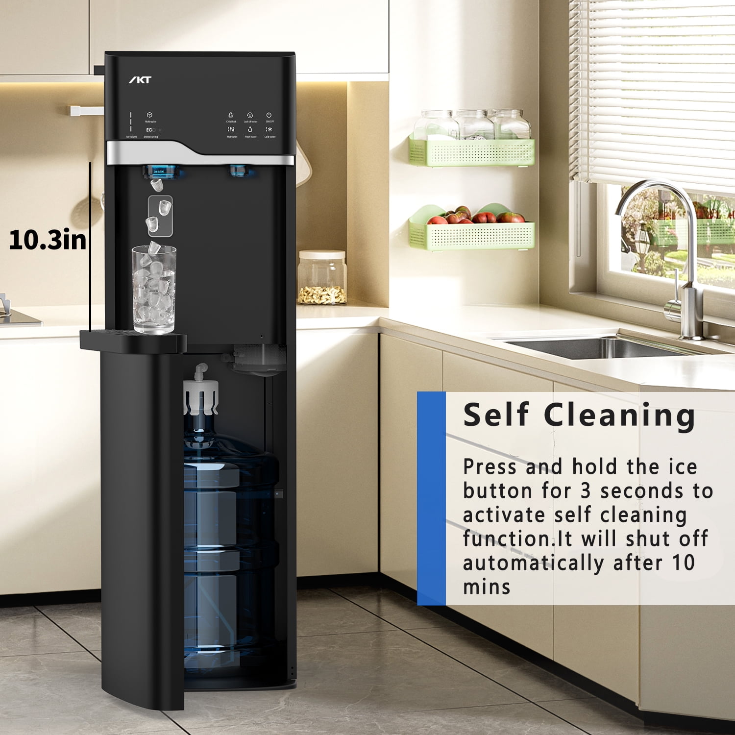IKT Self Cleaning Water Dispenser with Ice Maker Bottom Load for 5 Gallon，22lbs Daily Capacity，3-Temp（Hot/Room/Cold），Child Safety Lock，Empty Bottle Light，Black
