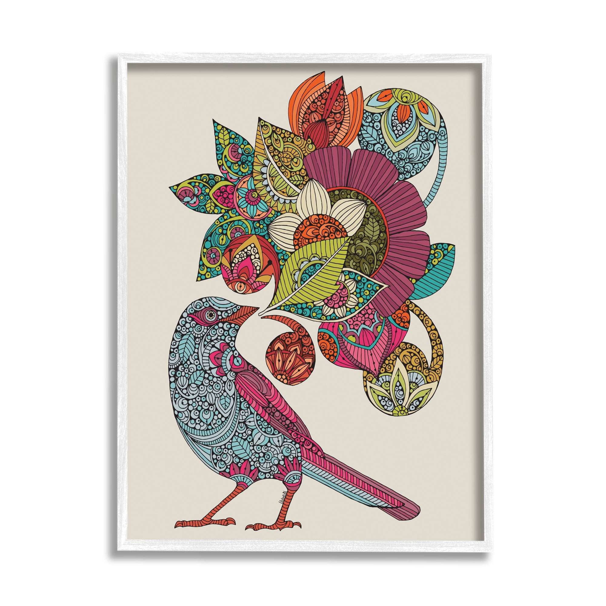 Stupell Industries Abstract Song Bird Paisley Pattern Floral Mandala Graphic Art White Framed Art Print Wall Art, Design by Valentina Harper