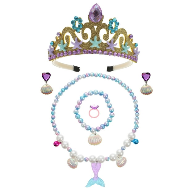 EeaseMX 1 juego de accesorios para disfraz de niña: tiara de sirena, collar, pulsera, pendientes, anillo.