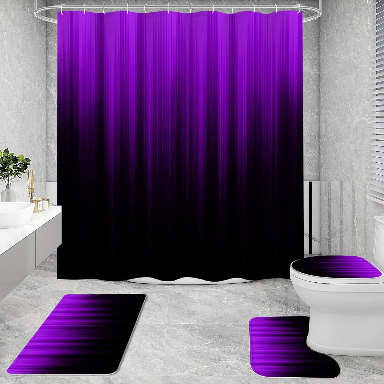 4 Pcs Purple and Black Gradient Shower Curtain Set with Rugs and Toilet Lid Cover, Modern Simple Waterproof Fabric Bathroom Set, Ombre Stripe Gothic Abstract Bathroom Decor Set Accessories
