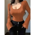 thumbnail image 6 of Women'S Long Sleeve Tops, Scoop Neck Ribbed Knit Shirt Slim Fit Pullover Sweater Casual Basic Thermal Shirt Dark Brown L, 6 of 9