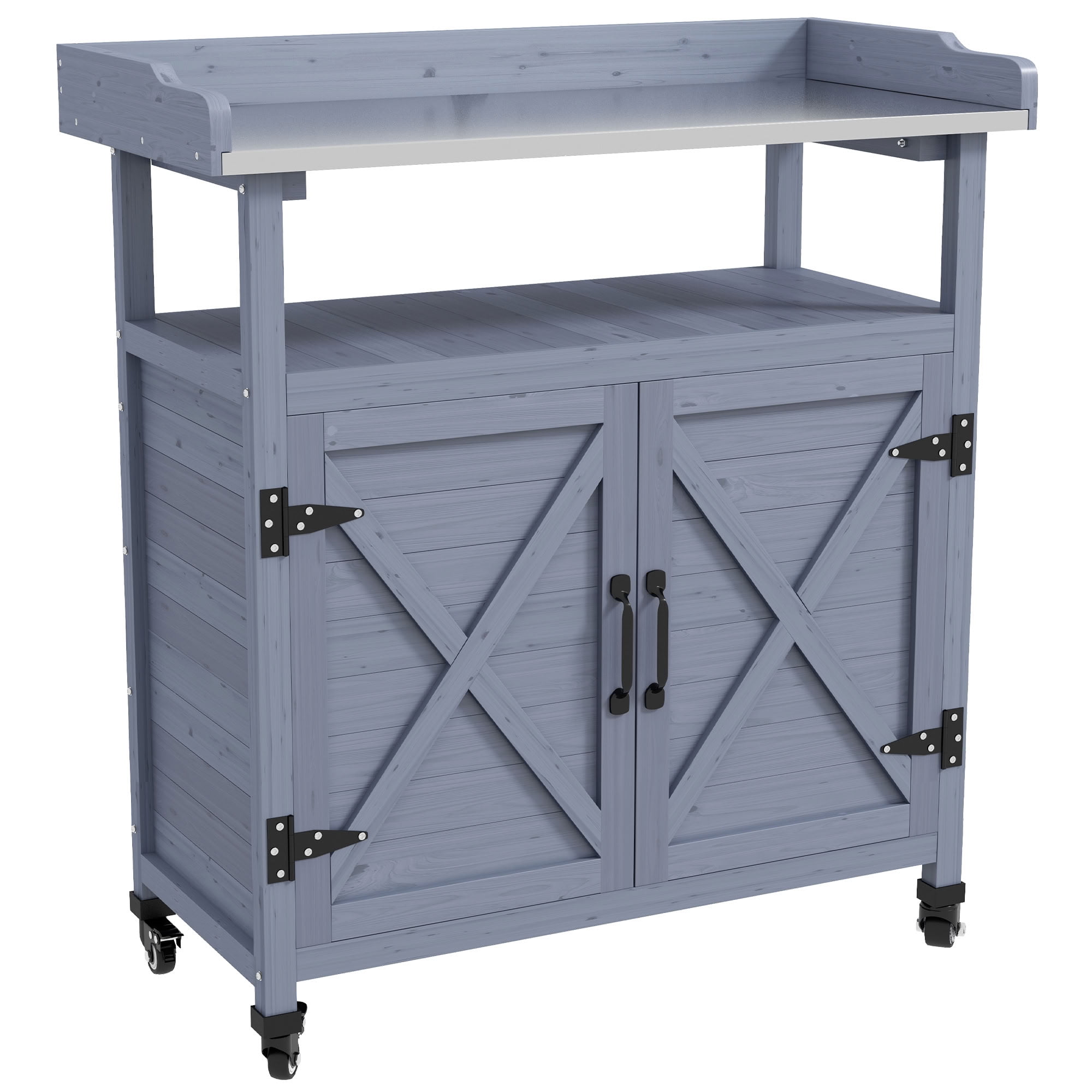 MAYEERTY Outdoor Potting Bench, Wood Garden Workstation with Lockable Wheels, Storage Cabinet & Open Shelf for Backyard, Patio, Balcony