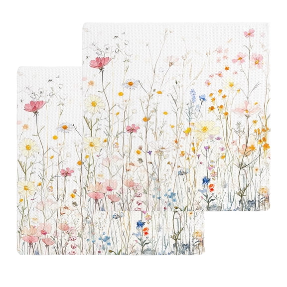 Spring Wildflowers Kitchen Dish Towels for Drying Dishes Set of 2, Pastoral Rustic Farmhouse Botanical Waffle Weave Microfiber Hand Tea Bathroom Towels Quick Dry & Absorbent Towel 12x12
