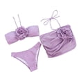 thumbnail image 3 of Women's 3 Piece 3D Flower Halter String Bikini Set Waffle Swimsuits with Cover Up Skirt, 3 of 4