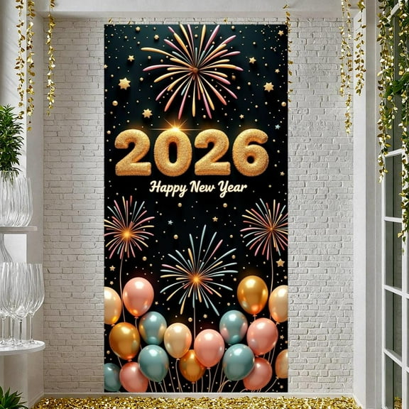 Gold Glitter New Year Banner Colorful 2026 Banner Fireworks Design Balloon Decor Happy New Year Banner for New Year Party New Year Eve Family Gathering