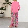 thumbnail image 7 of Tropical Floral Print Two Piece Set for Women, 3/4 Sleeve Button Down Top & Wide Leg Pants - Vacation Resort Wear Lounge Outfit with Straight Leg Trousers Pink XXL, 7 of 7