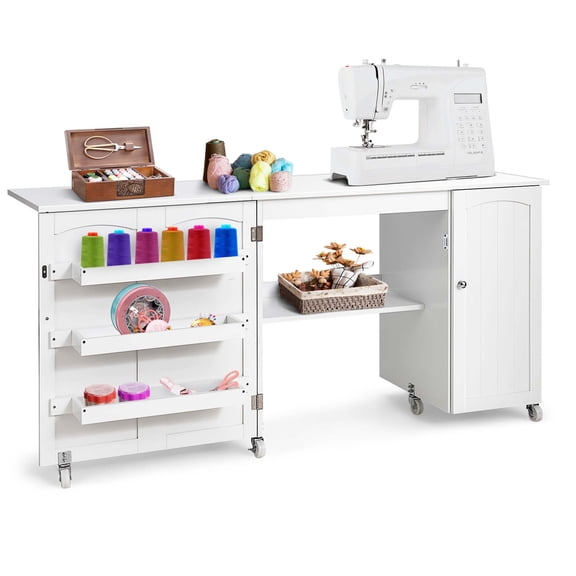 Costway Folding Sewing Table Shelves Storage Cabinet Craft Cart with Wheels Large White