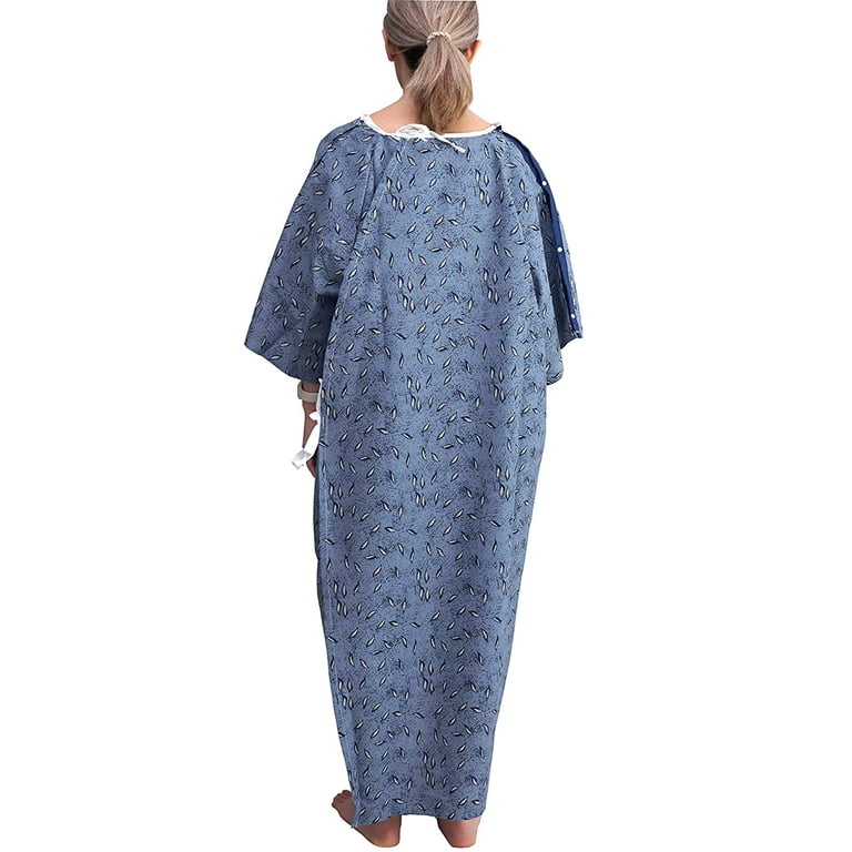 3 Pack - Hospital Patient Gown, IV, Tieside w/Telemetry Pocket, Size Medium - XL, Blue Leaf Print