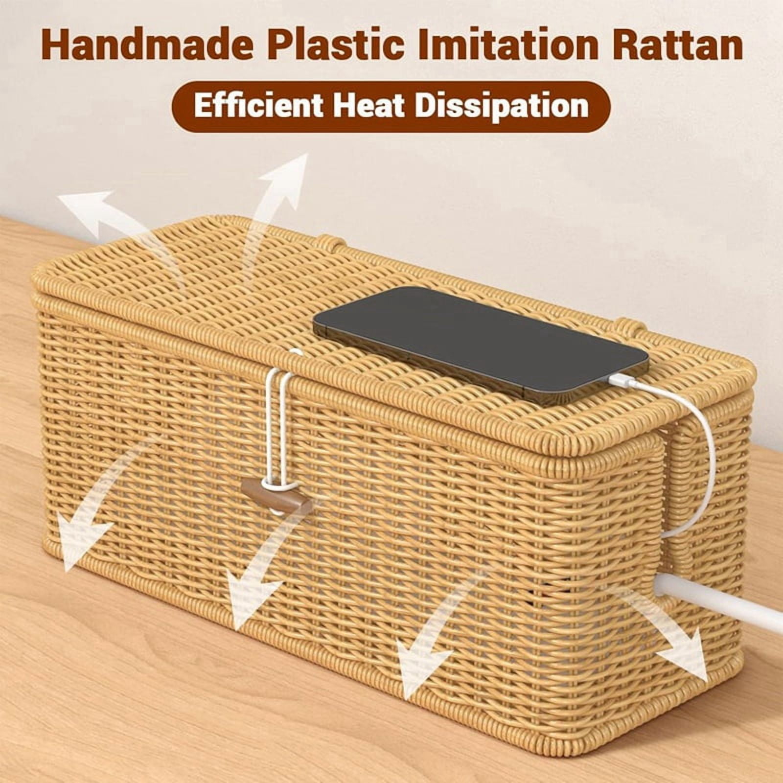 Cable Management Box, Power Strip Organizer with Locked Cover,Handmade Rattan Cable Organizer Cords Hider,Cord Organizer
