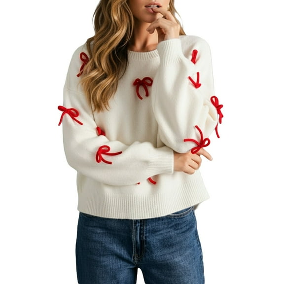 Red Bow Decorated Women Sweater Valentine Long Sleeve Crew Neck Knitted Pullover Tops