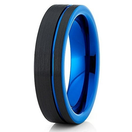 Silly Kings Tungsten Wedding Band Black Blue Ring Tungsten Wedding Band Black Blue Ring Carbide Brushed Offset Groove Comfort