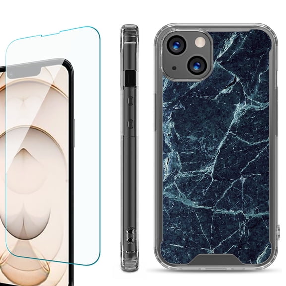 Shockproof Bumper Phone Case for iPhone 13, with Tempered Glass Screen Protector, by OneToughShield ® - Marble / Blue