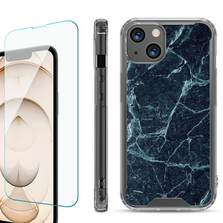 Shockproof Bumper Phone Case for iPhone 13 with Tempered Glass Screen Protector by OneToughShield ® - Marble / Blue