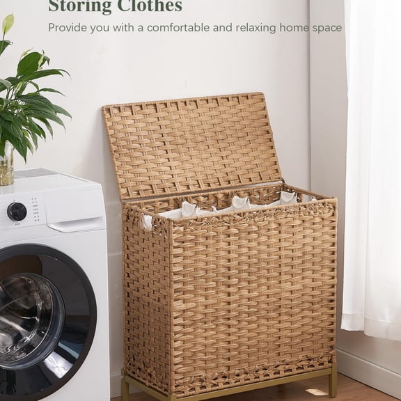 Laundry Hamper with Lid 132 L, (35 Gallons) Clothes Hamper with Lid, Handwoven Rattan Laundry Hamper with Metal Heightened Feet, Laundry Hampers with 3 Removable Liner Bags for Laundry-Natural