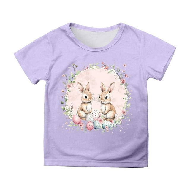 NINGMENG Juniors Filles Hauts & T-Shirts Lapin de Pâques Col Rond Manches Courtes Hauts Décontractés Chandail T-Shirts Usage Quotidien, Violet, 12-13 Ans