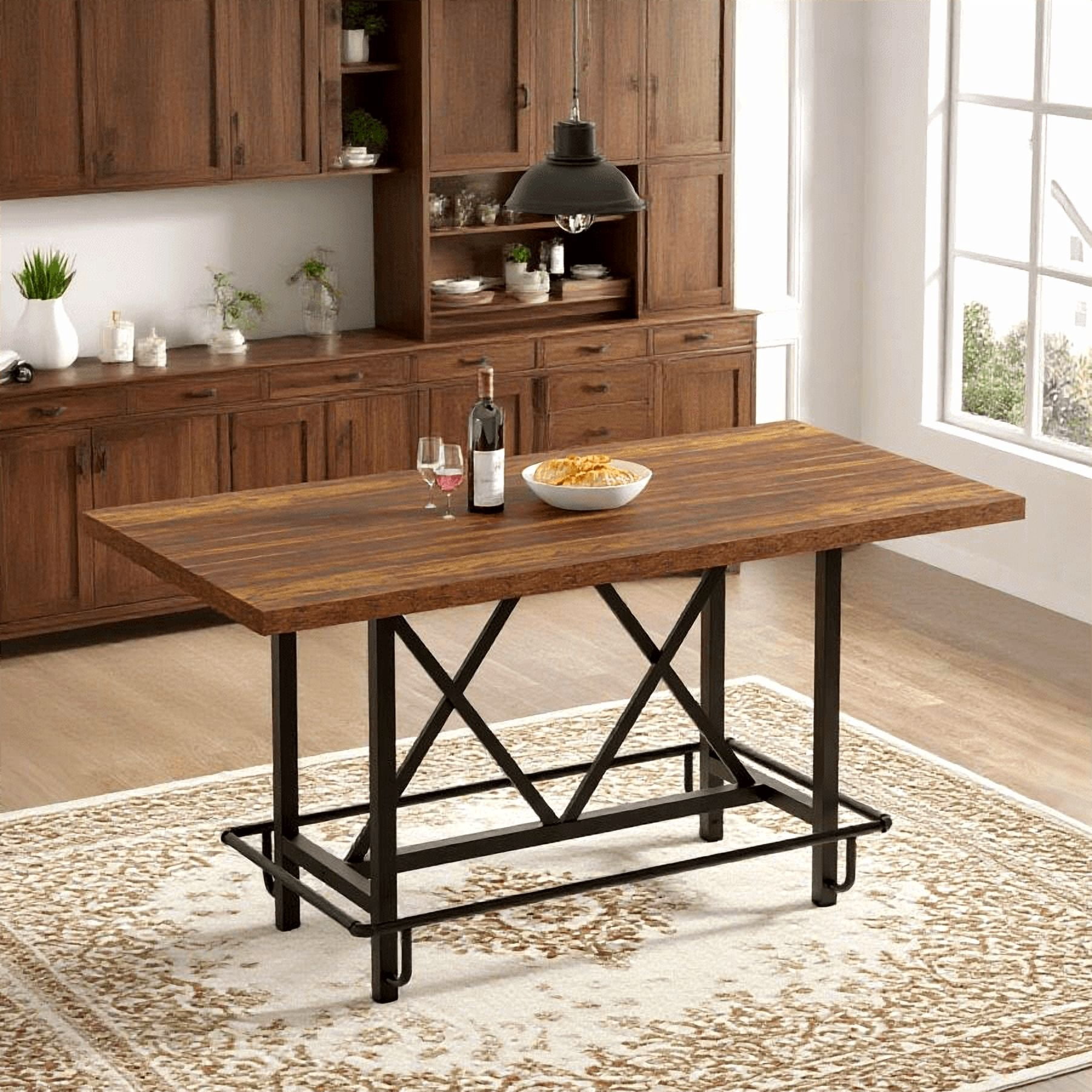 Fnova 35.4" Tall Dining Table, Rectangular Counter Height Kitchen Table with Metal Footrest for 6 People