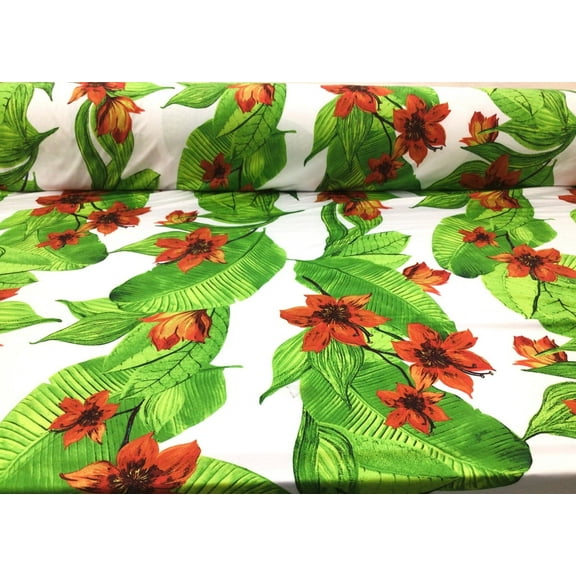 Printed DTY Spandex Stretch Apparel Fabric Orange Green Tropical Floral J312