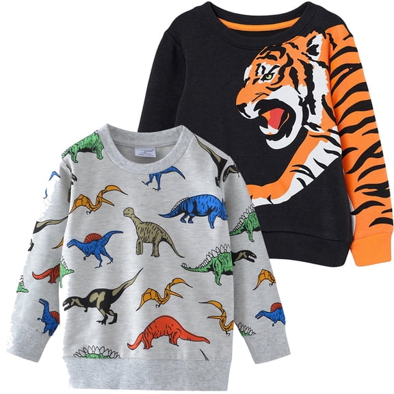 NLVRBC Toddler Boys Dinosaur Sweatshirt 2-Pack Kids Cotton Tiger Graphic Pullover Tops 3T
