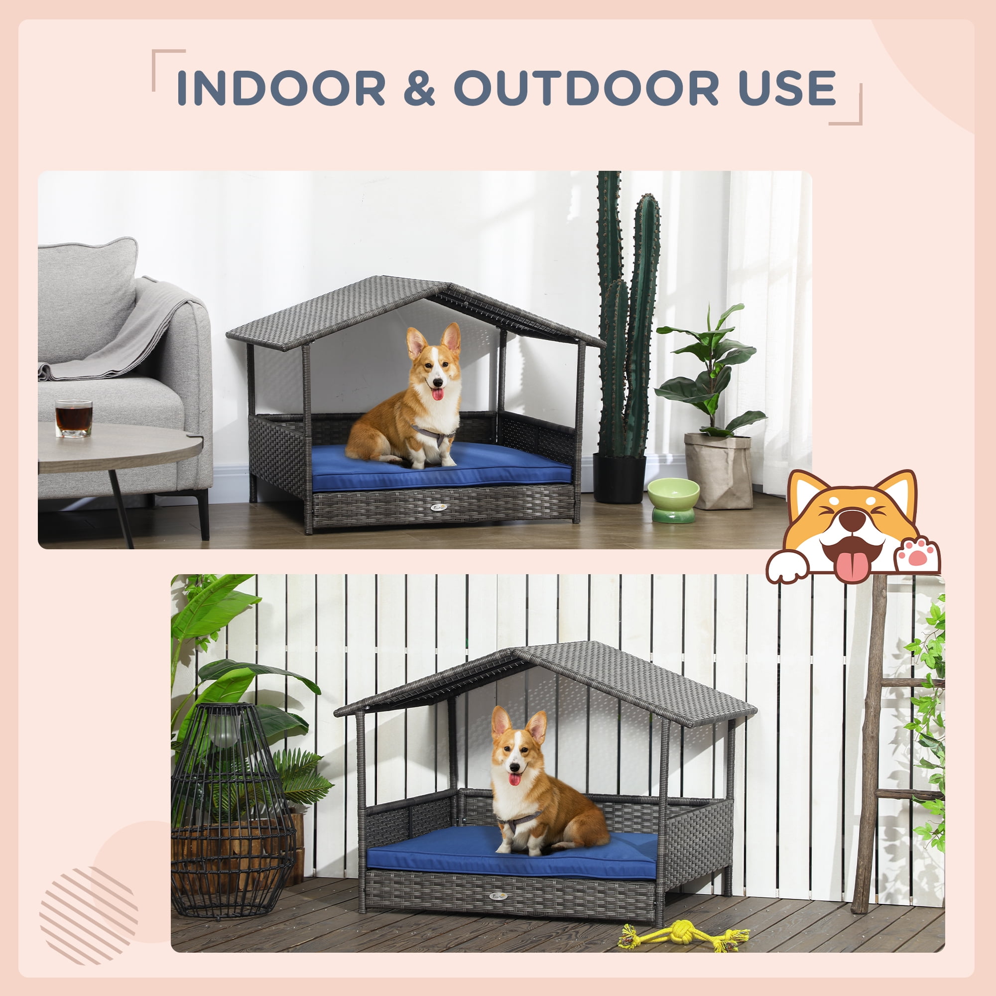 PawHut Wicker Dog House Elevated Raised Rattan Bed for Indoor/Outdoor with Removable Cushion Lounge, Navy Blue