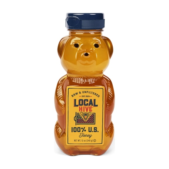 Local Hive 100% US Honey Bear Bottle, Raw & Unfiltered, Squeeze Bottle, 12 oz