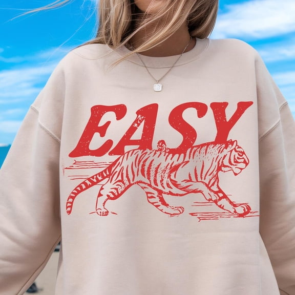 Kiraa Tee With Easy Tiger Sweatshirt, Trendy Oversized Retro Tiger Graphic Sweatshirt, Vintage Tiger Shirt, Distressed Grunge Indie Boho Sweatshirt Birthday Gifts; For Men & Women