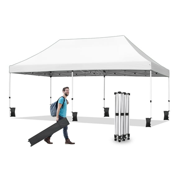 10x20 Pop Up Canopy Tent, Ez Pop Up Outdoor Canopy Instant Shade, Adjustable Waterproof Commercial Tent with Roller Bag, 8 Stakes, 6 Sand Bags White