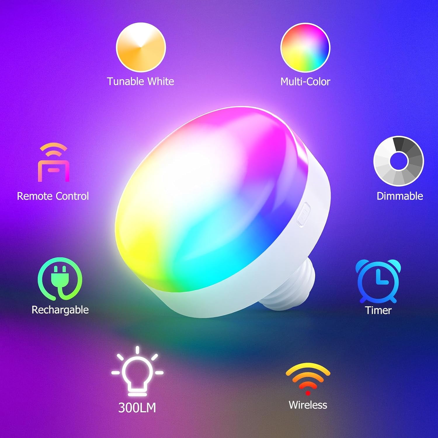 3000mAh Rechargeable Puck Light LED Bulb, 300LM, RGB Dimmable E26 with Remote Control, Emergency Lamp for Home, Camping