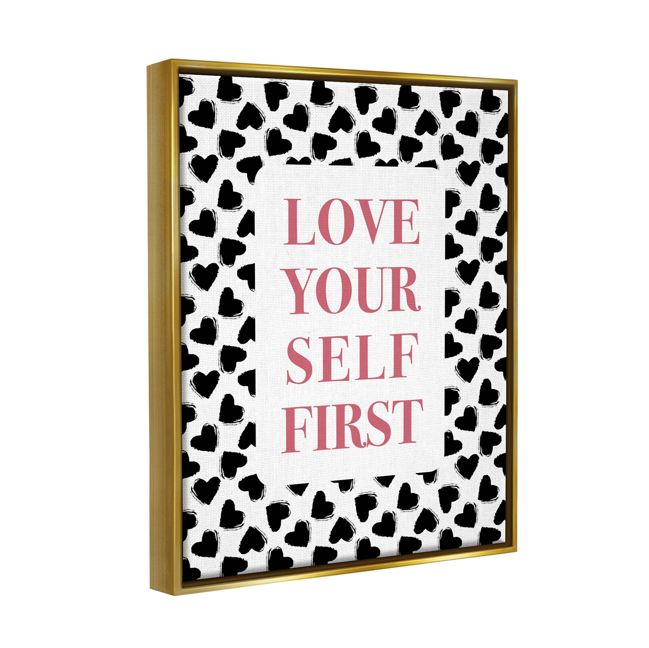 Stupell Industries Love Yourself First Phrase Graphic Art Metallic Gold Floating Framed Canvas Print Wall Art, Design by Martina Pavlova