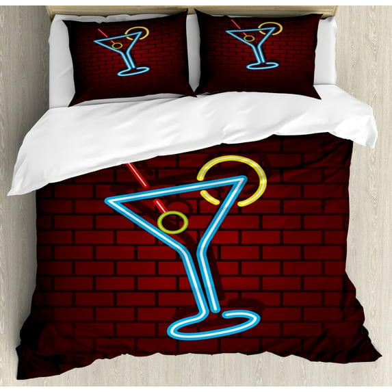 Bar Duvet Cover Set Queen Size, Cocktail Glass on a Brick Wall Pub Urban Night out Nightclub, Decorative 3 Piece Bedding Set with 2 Pillow Shams, Burgundy Azure Blue Yellow Dark Pink, by Ambesonne