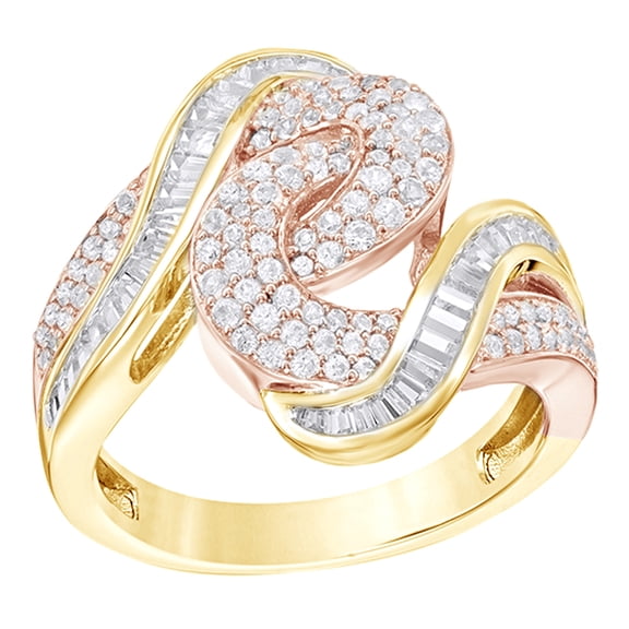 AFFY Round & Baguette Shape White Natural Diamond Bypass Swirl Ring in 14K Two Tone Solid Gold (1 Cttw)