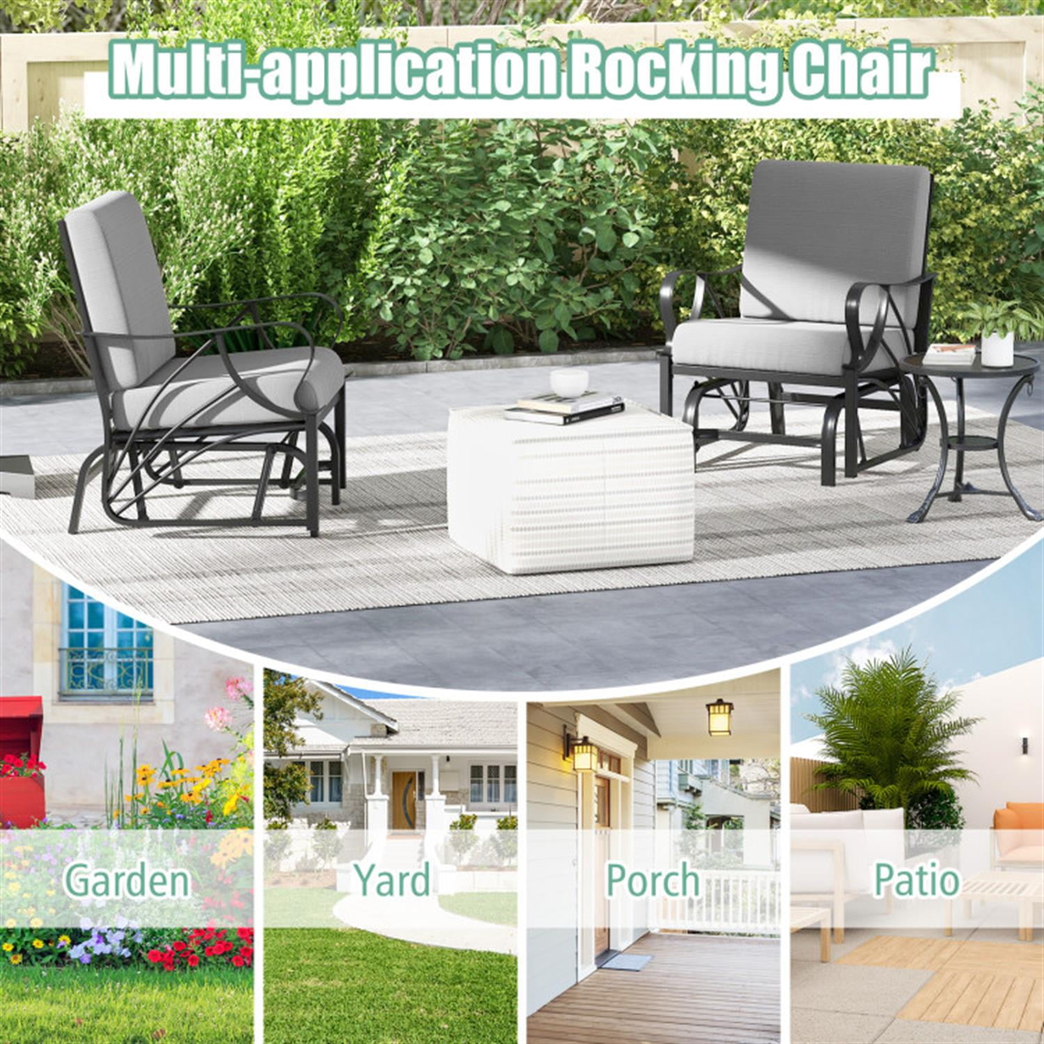 Demi Bonn Patio Glider Rocking Chair with Thick Cushion and Curved Armrest, Outdoor Glider Chairs for Porch, Balcony, Poolside, Gray