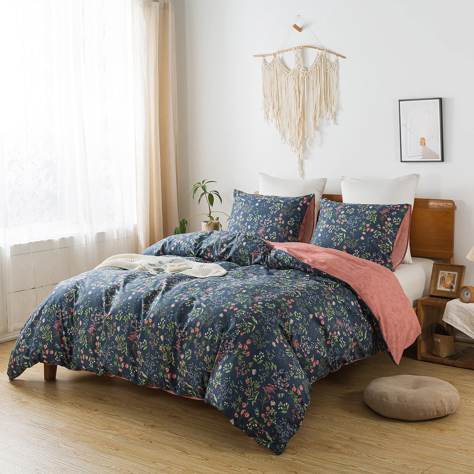NEWLAKE Duvet Cover Set - 100% Cotton Comforter Cover, Soft and Breathable Bedding Set with Zipper Closure & Corner Ties, 3pcs(1Duvet Cover+2 Pillow Case)-Nave Blue, Queen