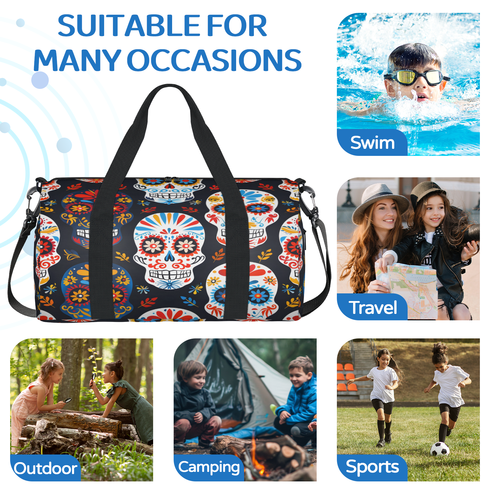 Herdesigns Skull Floral Travel Duffle Bag Sports Yoga Weekender Overnight Carry on Workout Bags Lightweight Waterproof Gym Tote Bag for Women Sugar Skull