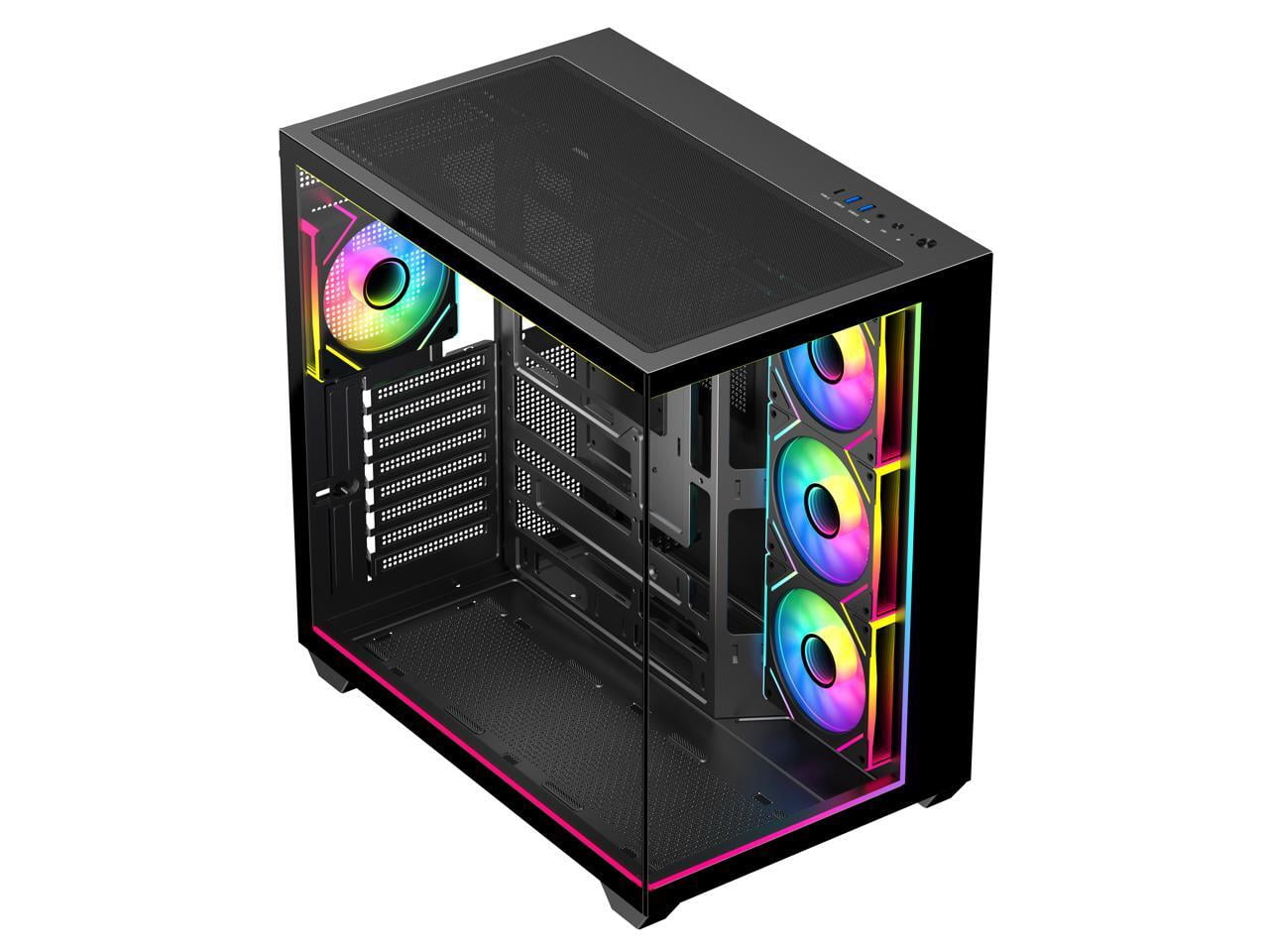 DIYPC IDX3-ATX-ARGB Black Dual USB3.0/ Type C Tempered Glass ATX Gaming Computer Case w/ Dual Tempered Glass Panel and 4 x ARGB PWM Fans (Pre-Installed). Integrated ARGB Light Strip.