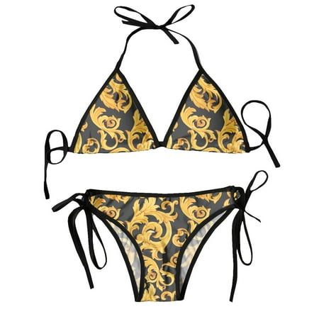 Women Triangle Swimsuit Bikini Set Halter Swimwear Pushup Watercolor Golden Baroque Rich Luxury Print
