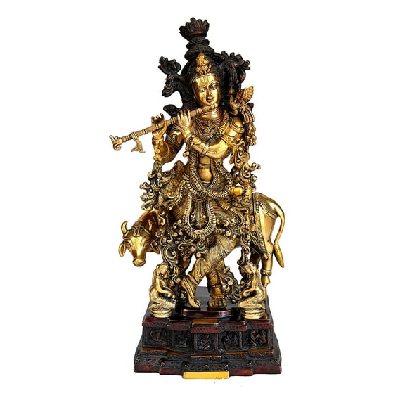 eSplanade Brass Krishna with Cow Gopal Kishan Thakurji Murti Idol Statue Sculpture Very Big Size (31" Inches) | Pooja Idols | Home Decor - Gold-Brown