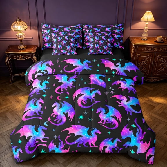 Manfei Fantasy Dragon Animals 7-Piece Twin Bedding,Vintage Stars Moon Bedding Comforter Set,Blue Purple,Black Reversible