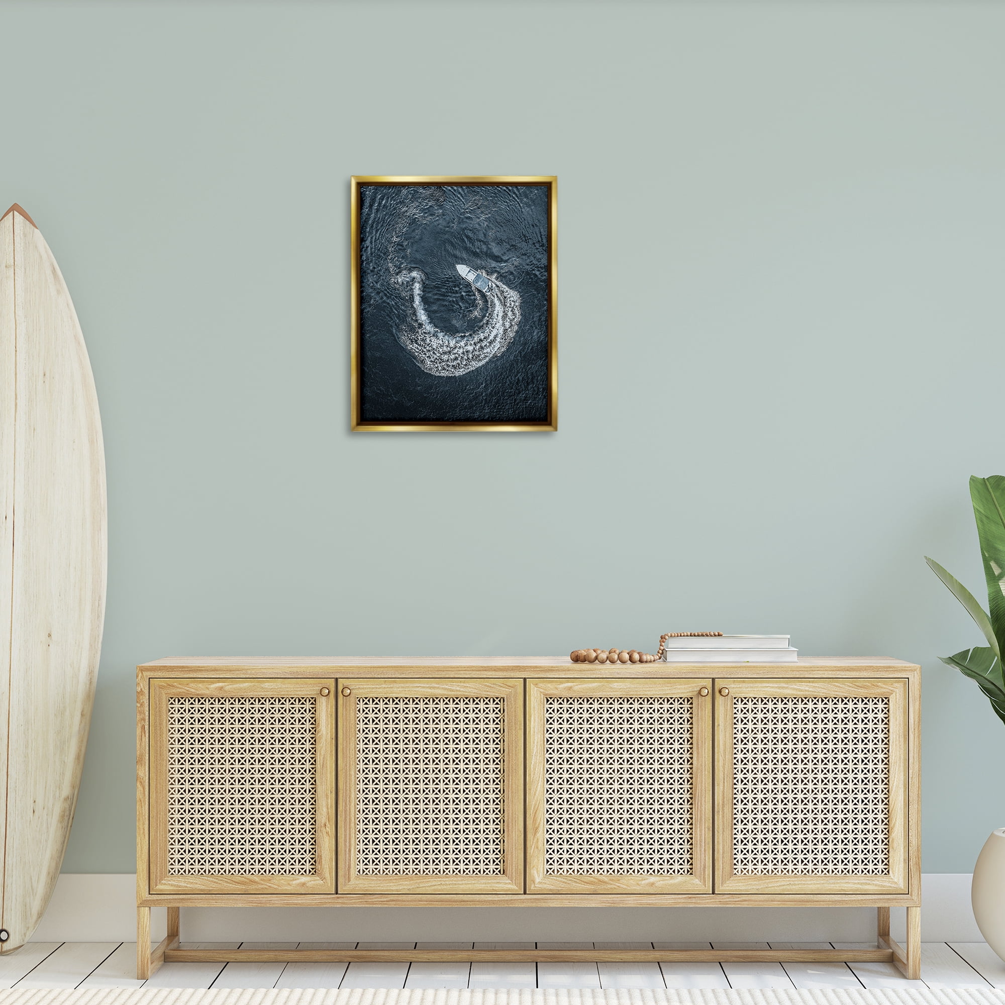 Stupell Industries Boat Circling Water Transportation Photography Gold Floater Framed Canvas Art Print Wall Art, 25 x 31