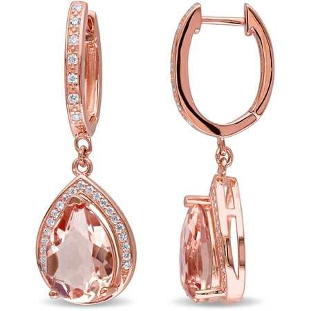 Tangelo 6-3/8 Carat T.G.W. Simulated Morganite and Cubic Zirconia Rose Rhodium-Plated Sterling Silver Pear Dangle Earrings