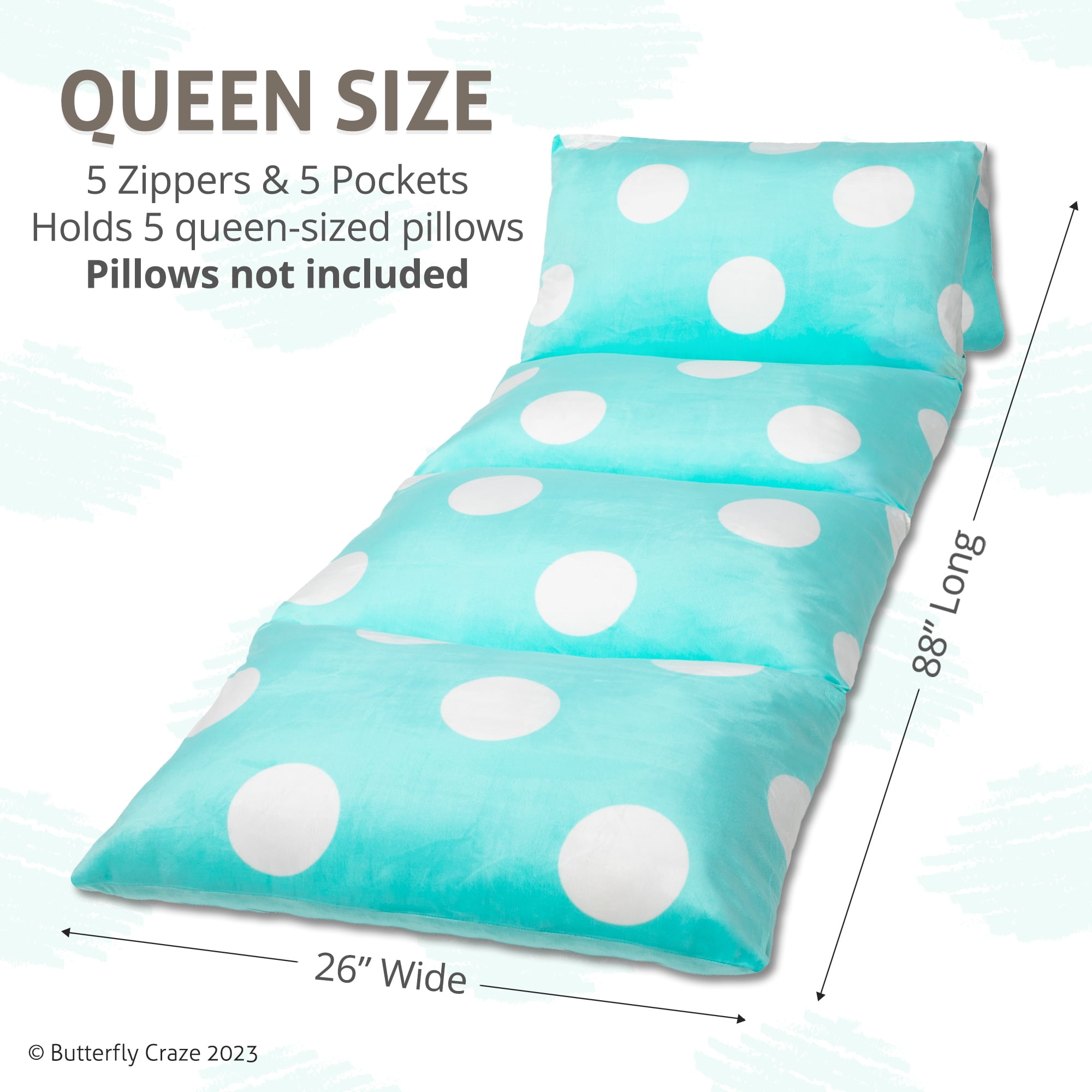 Butterfly Craze Floor Pillow Bed Lounger Cover, Cozy & Stylish Seating Solution for Kids & Adults, Recliner Floor Cushion for Ultimate Comfort, Holds 5 Pillows, Cover Only, Aqua Polka Dot, Queen