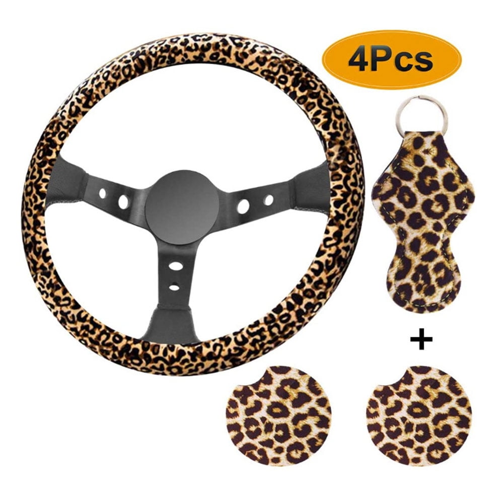 Leopard Car Accessories. Leopard Steering Wheel Covers with BONUS 4PCS Leopard Car Cups Coasters Leopard-Printed Steering Wheel Cover for Women