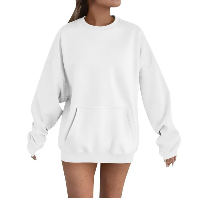 fatyb Chandails en Molleton Surdimensionnés pour Femmes Manches Longues Col Rond Pulls Décontractés Hauts Amples Unis
