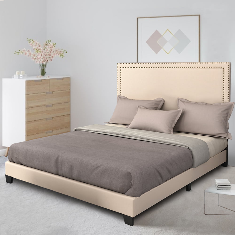 Strong Steel Support Queen King Beige Upholstered Platform Bed with Headboard 