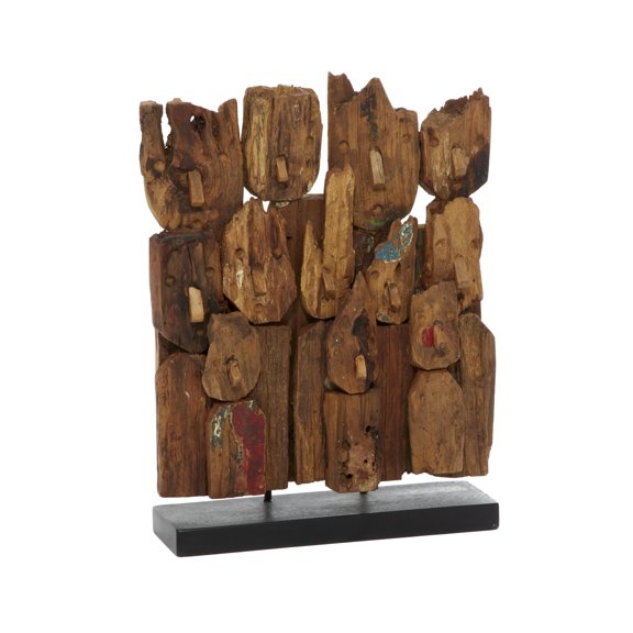 13" x 16" Brown Teak Wood Handmade Carved Abstract Sculpture with Faces, by DecMode
