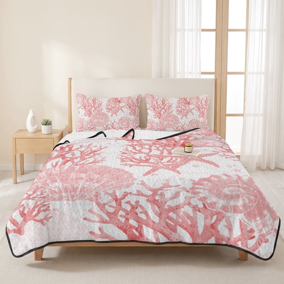 3 Pieces Queen Quilt Set,Pink Conch Coral Shell Starfish Soft Bedding Sets with 1 Quilt & 2 Pillow Shams,Watercolor Marine Life Summer Bedspread Lightweight Coverlet Comforter for All Season