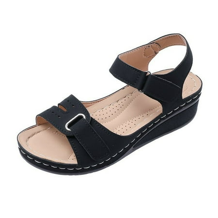 CHOII 50% Clearance Thick Soled Shoes Fishmouth Wedges Casual Sandals Women s Shoes Sandals Velcro Slippers Simple and Convenient Ankle Strap Sandals Comfort Sandals Black/6